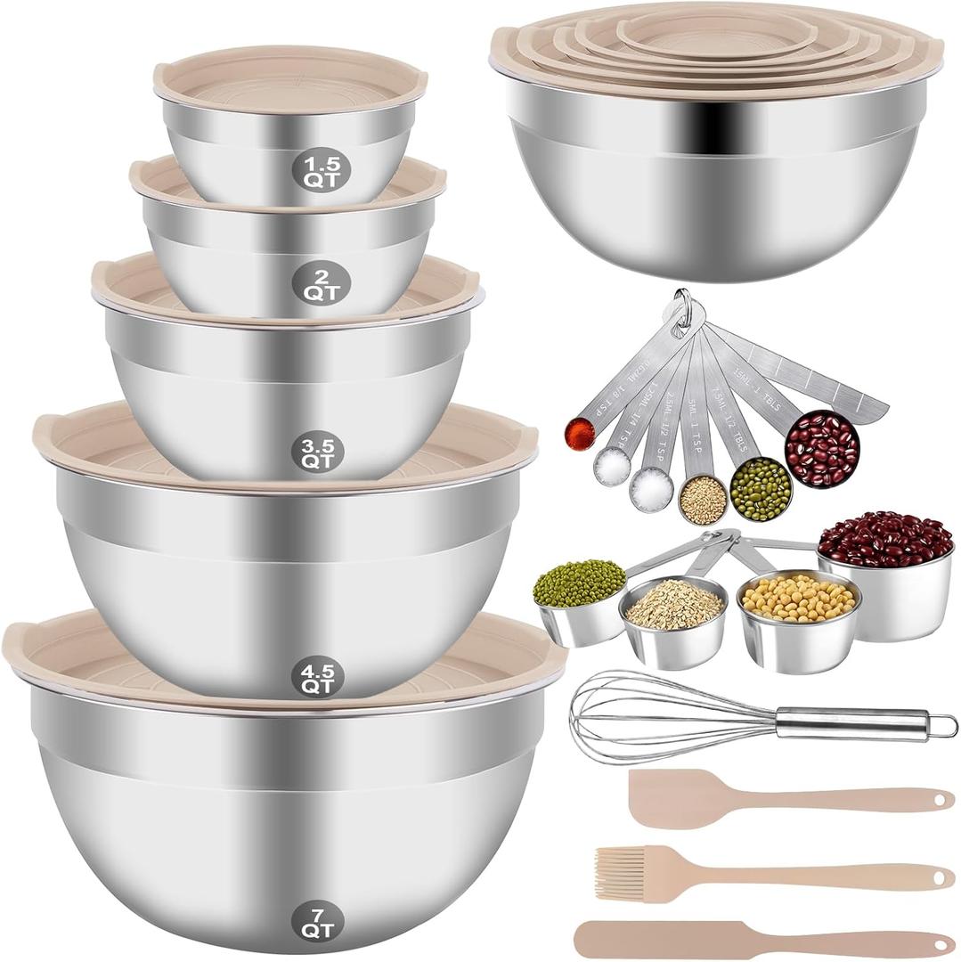 WEPSEN Mixing Bowls Set, 25PCS Khaki Mixing Bowls With Lids Set Stainless Steel Kitchen Large Nesting Metal Bowl 7QT to 1.5QT, Measuring Cups and Spoons for Prepping Cooking Serving, extra large
