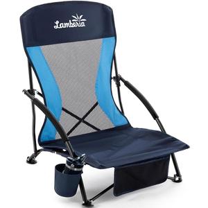 Lamberia Folding Beach Chair for Adults, Portable Low Beach Chairs with 300lbs Capacity, Lightweight Fodable Camping Chair for Travel, Picnic, Concert & Outdoor Activities, Navy Blue
