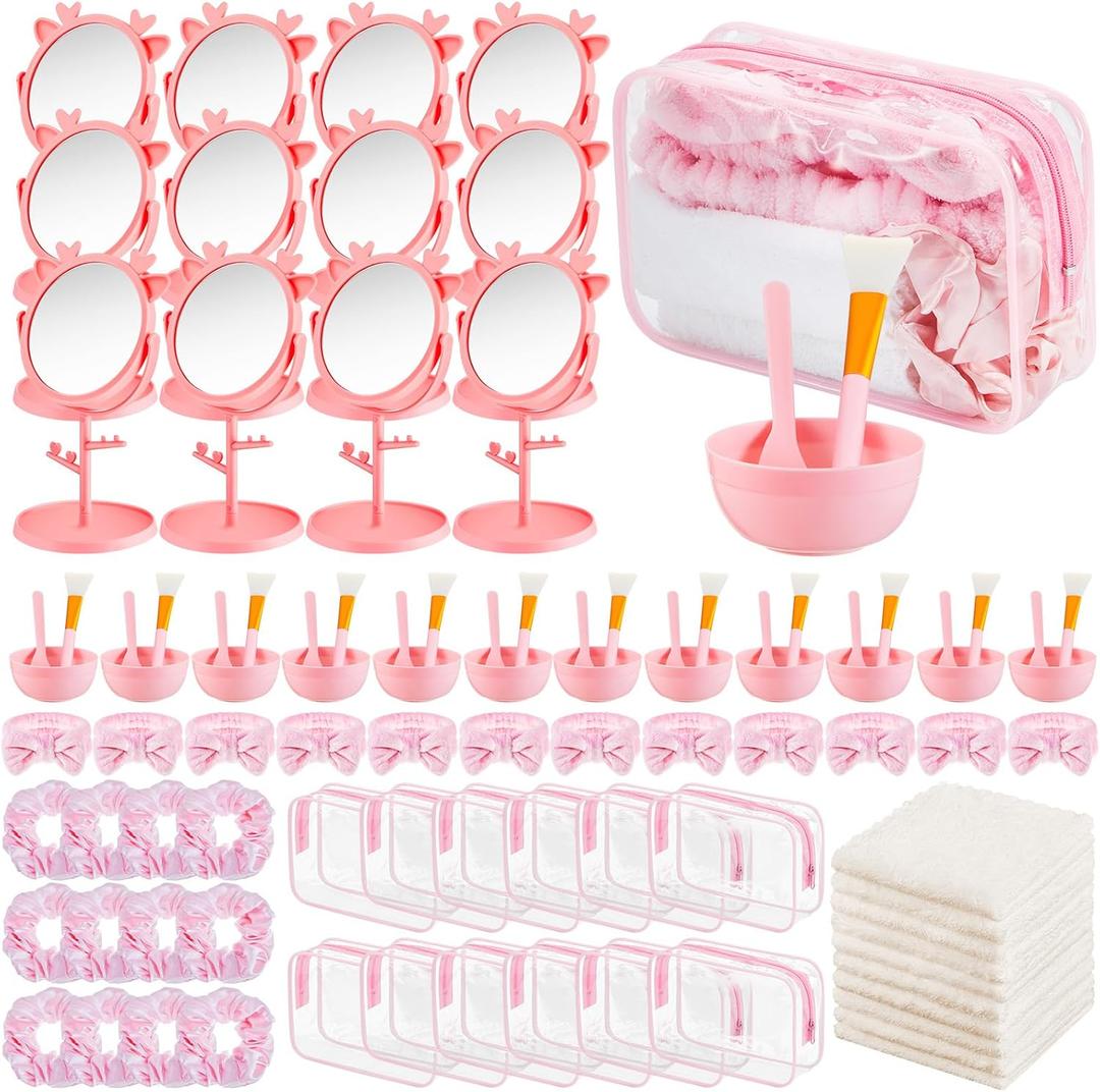 Spa Party Favor Supplies Bulk, Include Face Mask Mixing Bowl Set, Mirror, Headband, Scrunchies, Cosmetic Bags, Face Wash Cloths for Spa Sleepover Birthday Party(96 Pcs)