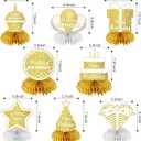 Uiorgui Happy Birthday Table Decorations, 8Pcs White Gold Birthday Decorations for Women Men Table Centerpieces for Birthday Party 16th 18th 21st 30th 40th 50th 60th Birthday Table Sign Toppers Decor