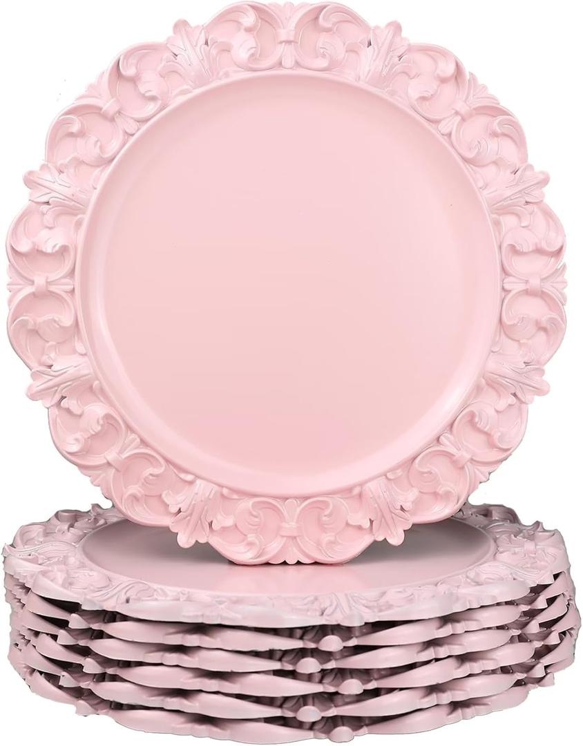 13" Pink Charger Plates, Set of 6 Plastic Textured Chargers for Dinner Plates with Embossed Rim, Table Dcor, Party, Wedding, Holiday (FD08P)