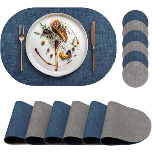 Faux Leather Placemats Set of 6 with Matching Coasters, Dual Sided Oval Placemats, Waterproof Wipeable Heat Resistant Place Mats, Non-Slip PU Table Placemats for Dining Table Kitchen Parties (Dark Grey-navy Nlue)