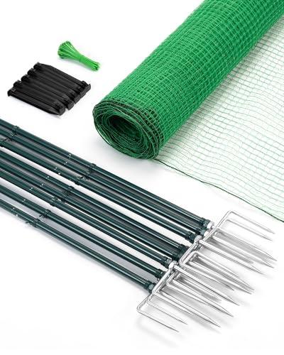 Forvenora Temporary Fence with Metal Posts, 40" Hx50'L Garden Fence Animal Barrier with Ground Spikes, Plastic Fencing for Outdoor Dogs, Chicken, for Backyard, Patio, Garden