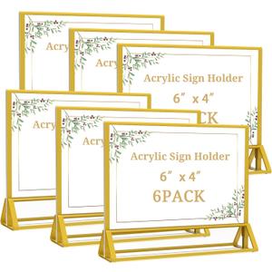 Clear Acrylic Sign Holder 6x 4 Horizontal Double Sided Gold Frame Display Stand Table Flyer Holder for Wedding Table Number Menu Holder (6pcs)