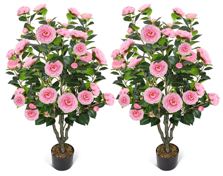 2 Pack 42" Artificial Camellia Tree with 36 Blooming Flowers Faux Floral Trees Tall Plastic Potted Fake Plant for Indoor Outdoor Office Shop Home Room Porch Front Door