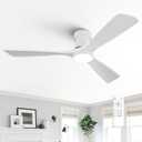 52-Inch White Ceiling Fan with Lights, Remote Control, Flush Mount, Dimmable, Reversible, Wood Blades, Power-Off Memory, Quiet DC Motor – Modern Hugger Ceiling Fan for Indoor Outdoor