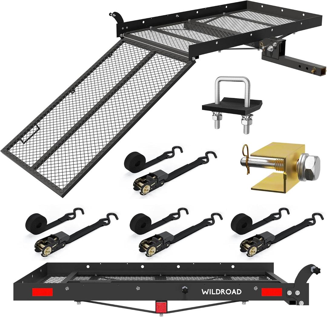 WILDROAD Hitch Cargo Carrier with Ramp 48" x 26" x 4" 500 LBS Folding Trailer Hitch Steel Wheelchair and Mobility Scooter Carrier Fits 2" Receiver with Stabilizer and 4pcs Ratchet Straps