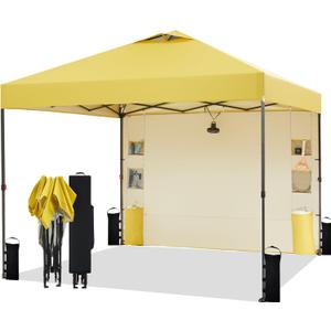 Tunbne 10'x10' Pop Up Canopy Tent with 1 Sidewall and 6 Pockets, One Push Setup, Instant Shade Tent with Vented Roof for Beach Patio Outdoor, Case, 8 Stakes, 4 Ropes, 4 Sandbags (Yellow, 10x10)