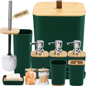 Dark Green Bathroom Accessories, Green Bathroom Accessories Set with Trash Can, Soap Dispenser, Toothbrush Holder, Toothbrush Cup, Soap Dish, Toilet Brush, Tray and Q-tip Holders