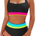 Blooming Jelly Womens High Waisted Bikini Sets Tummy Control Modest Two Piece Swimsuit Retro Sporty Color Block Bathing Suit (Medium, Black)