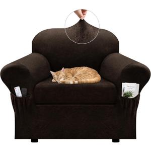 Chair Slipcover with Armrest Pockets 2-Piece Set, Stretch Faux Leather Chair Cover for Armchairs(Fits 31-45") - Non-Slip, Machine Washable, Pet & Kid Friendly - Dark Brown