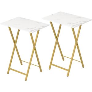 HOOBRO Folding TV Tray Tables, Set of 2 Side Table for Small Space, Industrial Snack Tables for Eating at Couch, Stable Metal Frame, Easy Assembly, Space Saving, Marble and Gold DM25BZ01