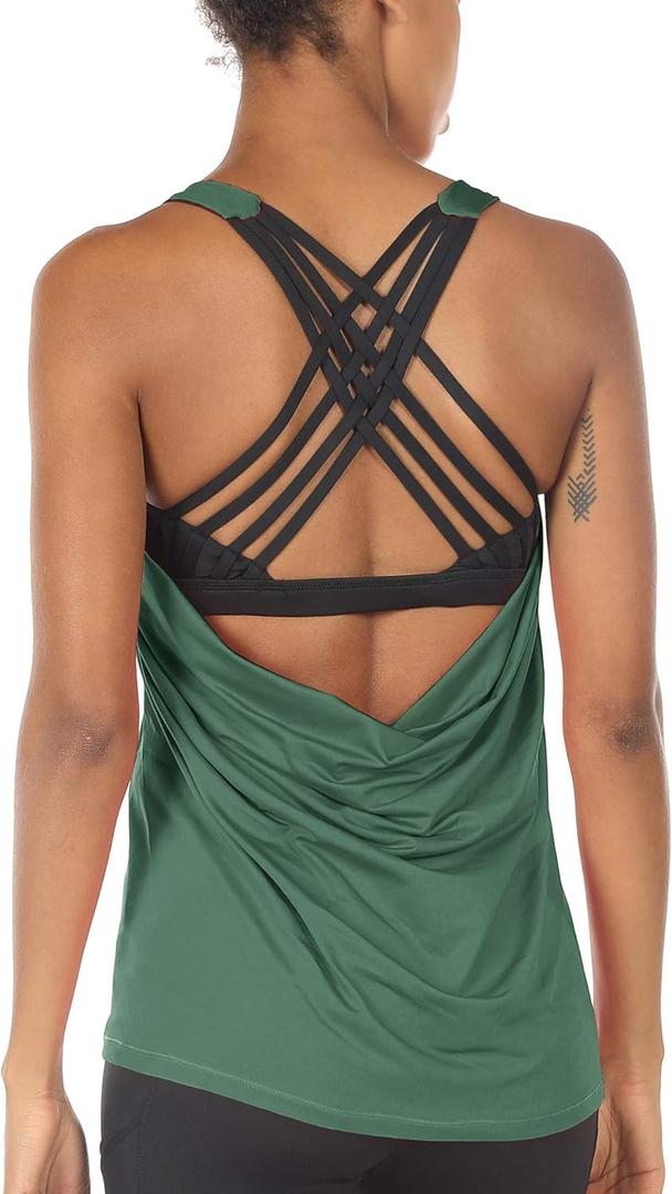 icyzone Women's Open Back Workout Athletic Yoga Tank Tops with Built in Bra (Large)