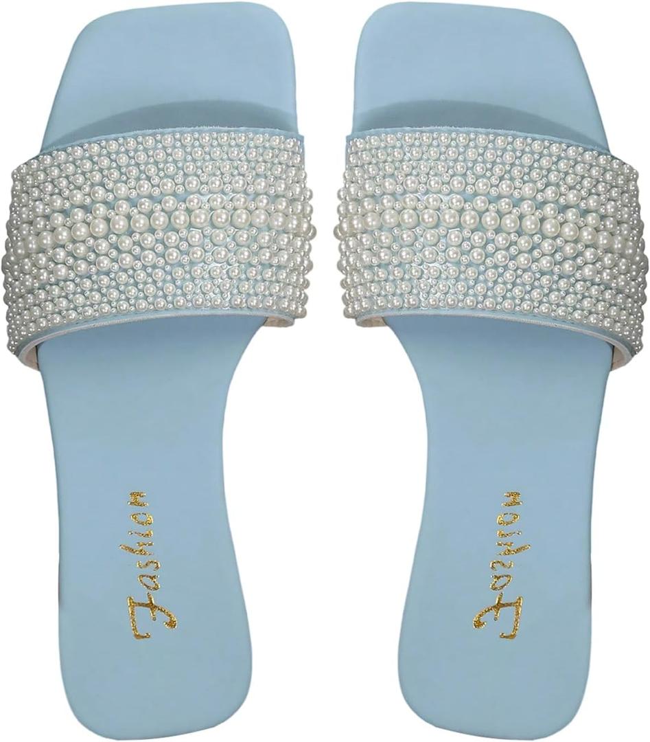 OYOANGLE Women's Pearl Decor Square Toe Sandals Leather Open Toe Flat Slip On Slides Light Blue 9.5