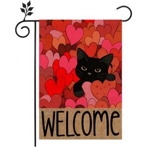 2 x Valentines Day Garden Flag 12x18 Inch Double Sided Outside, Black Cat Love Hearts Welcome Outdoor decoration Valentines Party wedding Decoration flag