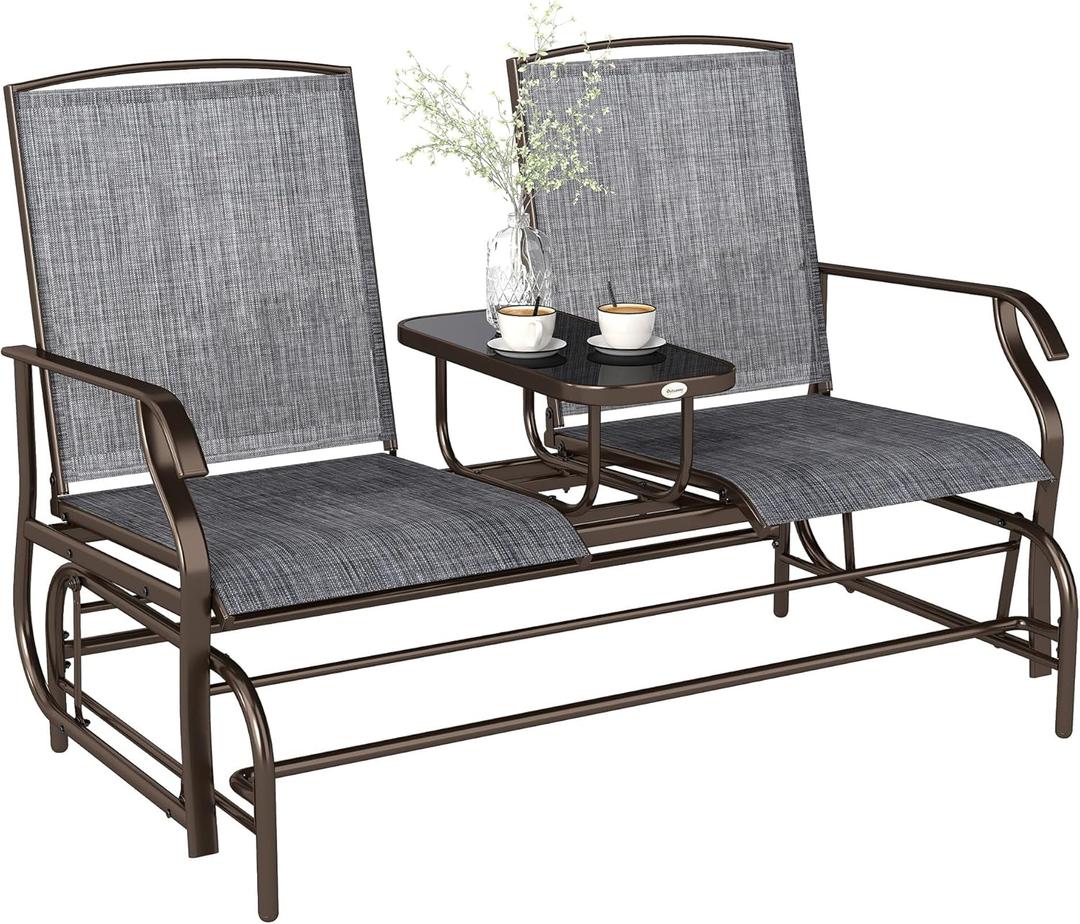 Outsunny Outdoor Glider Bench with Center Table, Metal Frame Patio Loveseat with Breathable Mesh Fabric and Armrests for Backyard Garden Porch, Gray (Grey)