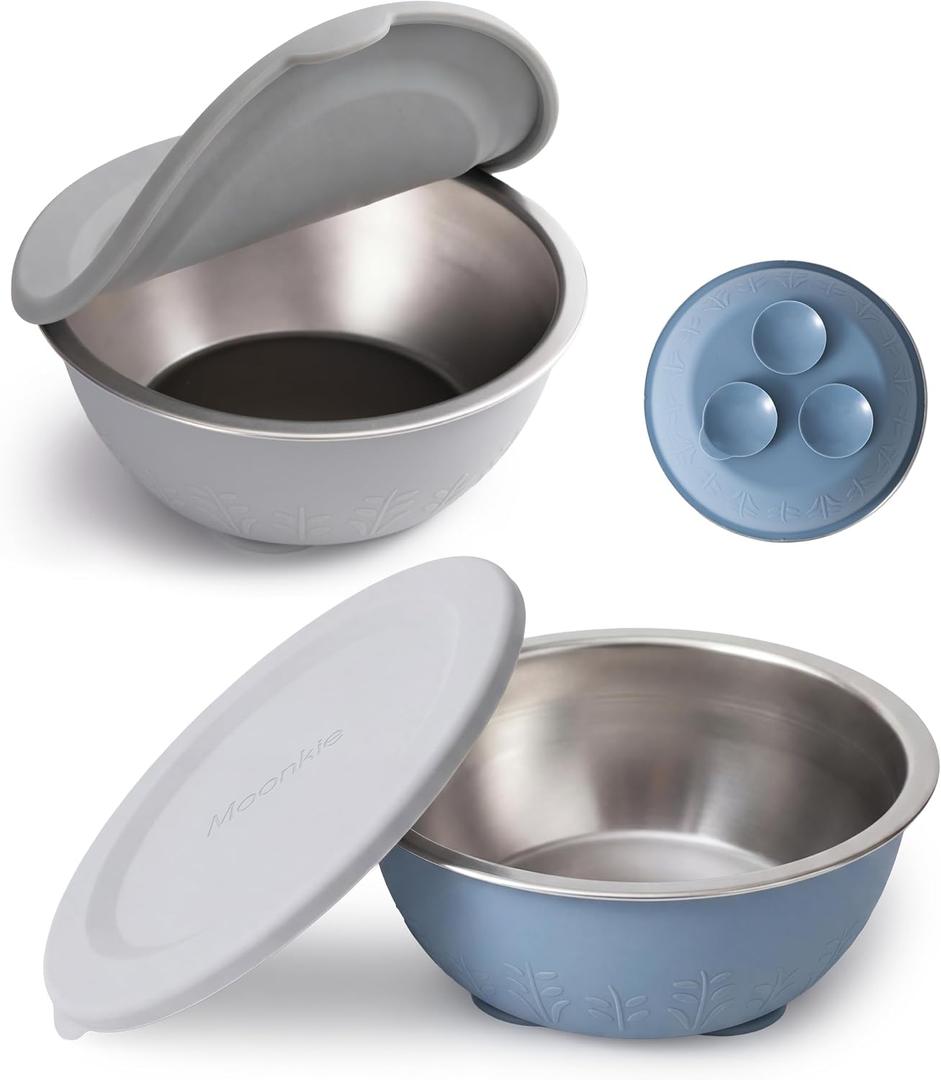 Moonkie Baby Bowls with Suction, Stainless Steel & Silicone Toddler Bowls with Lids, Seamless One-Piece Design Silicone Bowls for Babies 4 Months+, 13oz, BPA-Free, Lead-Free, Dishwasher Safe, 2 Pack