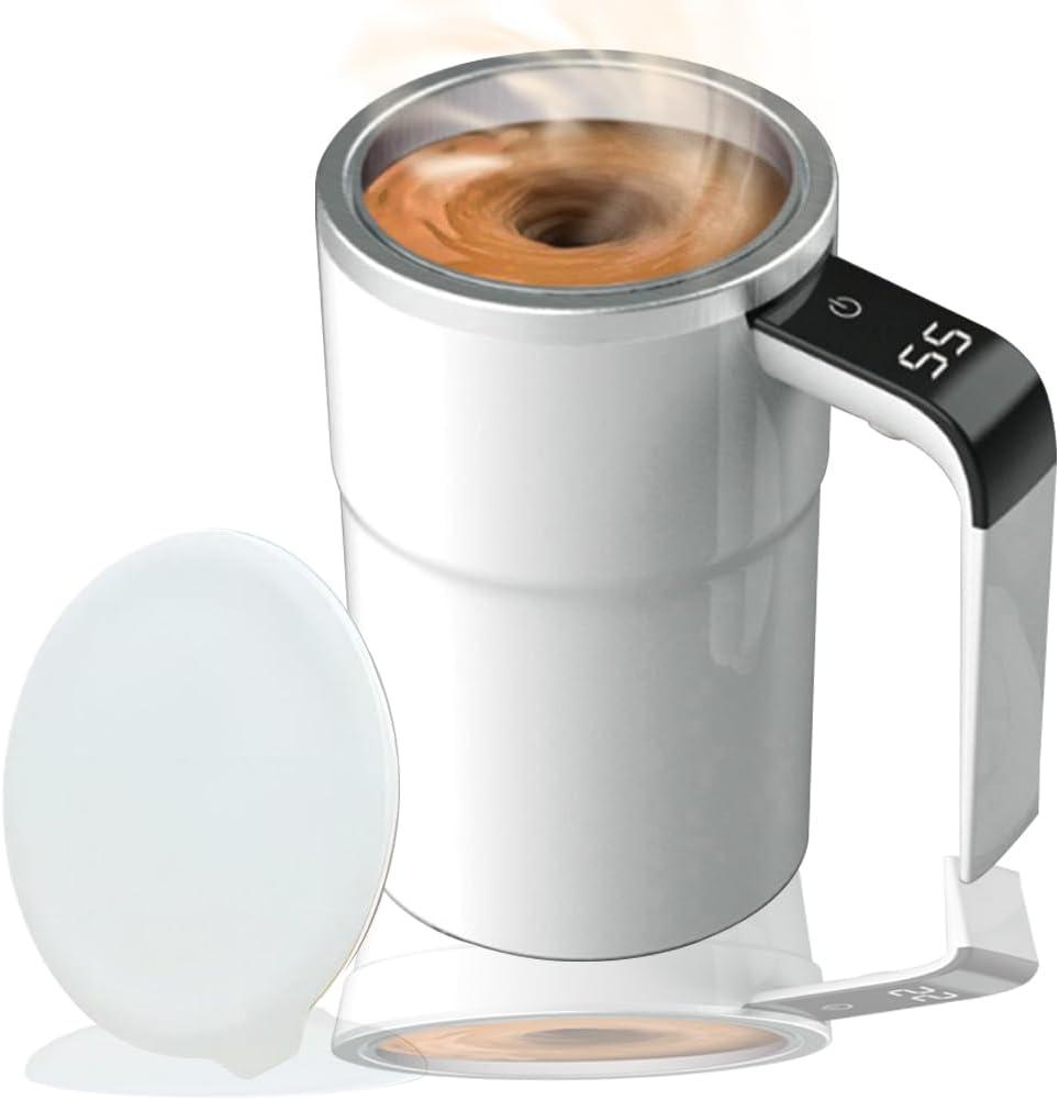 Self-stirring Coffee Mug Magnetic Stirring Cup Rechargeable Automatic Mixing Cup w/LCD Thermometer for Coffee Tea Hot Chocolate (White)
