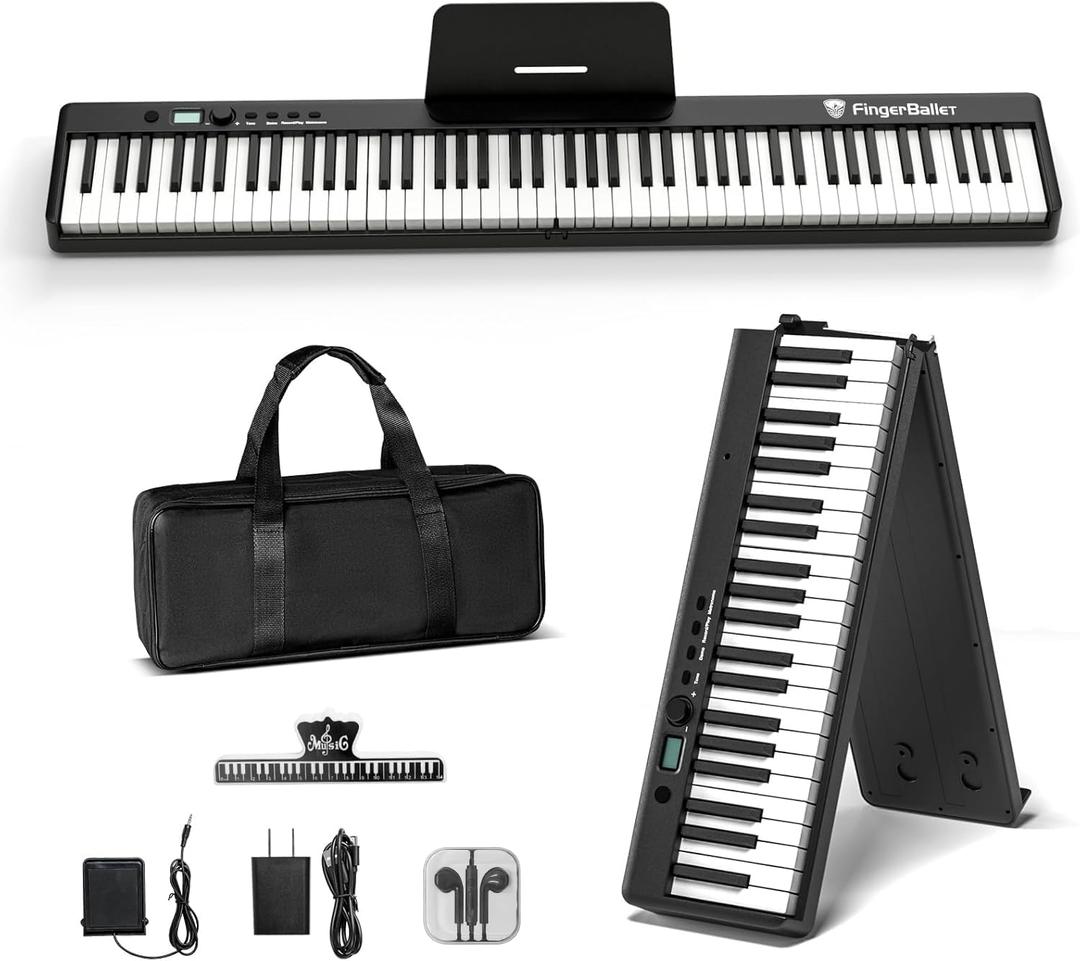 Portable Piano Keyboard, Semi-Weighted Folding Digital Piano 88 Key, Full Size, Wood Grain, Electric Piano Keyboard w/MIDI Bluetooth, Suitable for Adult, Toddler, Kids (Black)