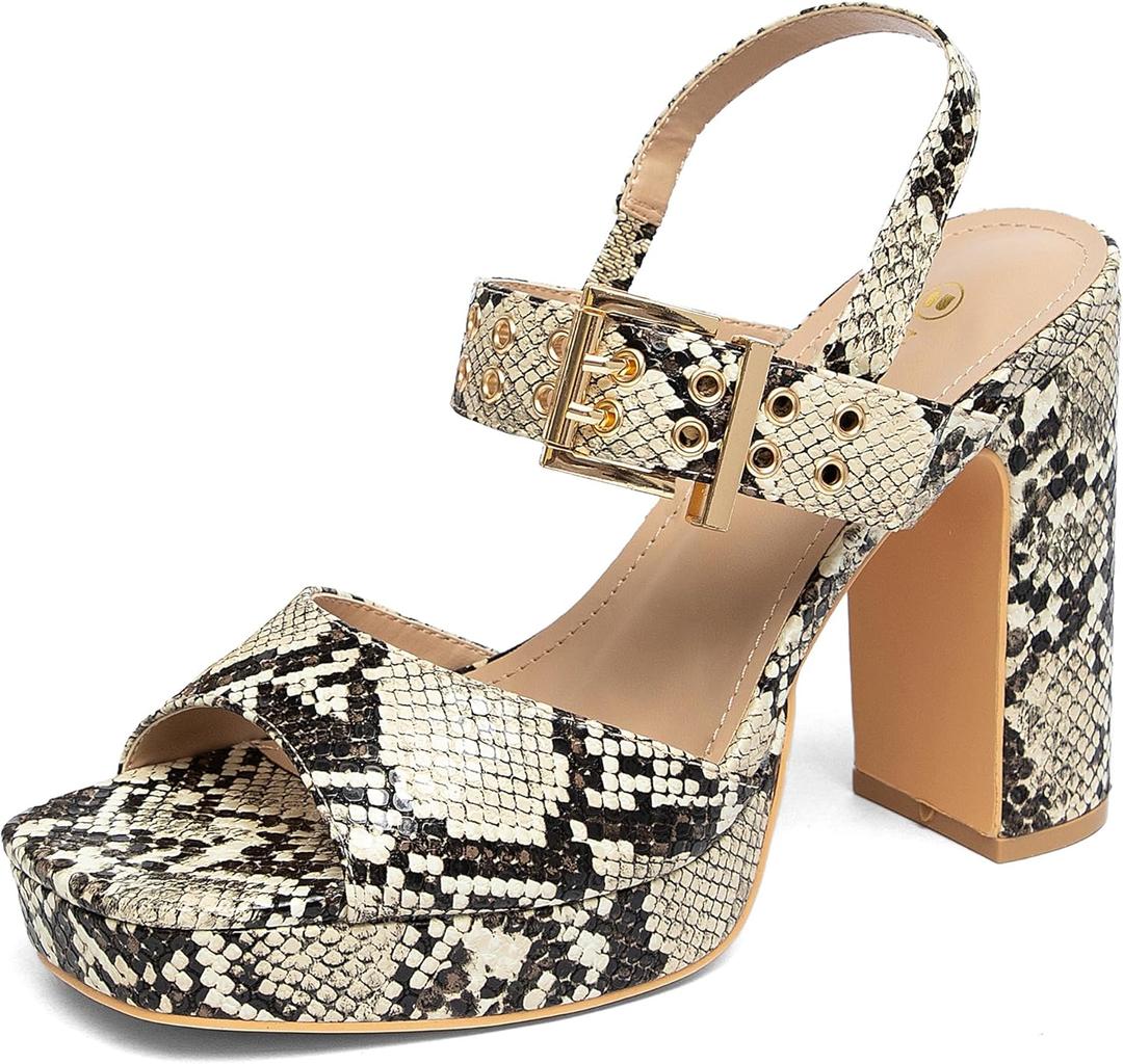 NEWBELLA Heels for Women Block Chunky Platform High Heels Open Toe Ankle Buckle Strap Pump Sandal Shoes (6.5, Snake)
