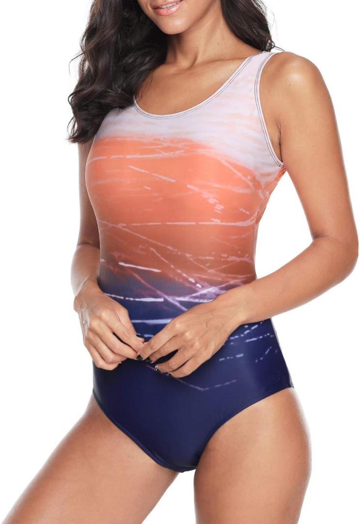 American Trends One Piece Swimsuit Women Criss Cross Back Color Block Print Bathing Suits Athletic Modest Swimwear (6-8, E Orange Gradient)