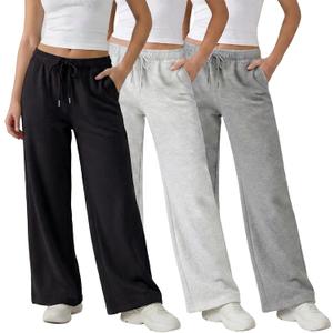 Common Stitch 3 Pack Wide Leg Fleece Lounge Sweatpants for Women Deep Pockets, Relaxed Fit, Elastic Drawstring Waist (Gray, S)