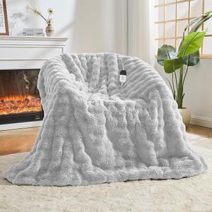 Heated Blanket Electric Throw Blanket 50''X 60''-Heating Blanket with 6 Heat Settings-4 Hours Auto Off,Cozy Faux Rabbit Fur Bubble Electric Blanket,Light Gray