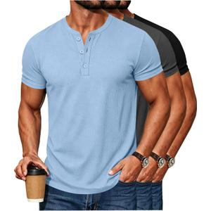 Waffle Henley Shirts for Men Short Sleeve Button Tops Casual Basic T Shirts Lightweight Summer Tees Knit 3 Pack (Blue, XL)
