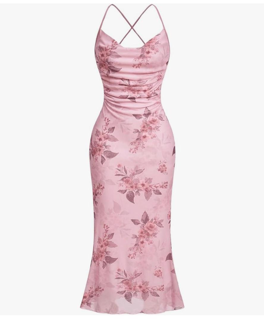 SOLY HUX Women's Floral Mesh Bodycon Cami Dress Cowl Neck Sleeveless Cocktail Party Wedding Guest Long Maxi Dresses M