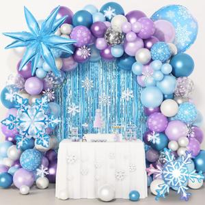 Amandir 162PCS Snow Birthday Party Supplies, Snow Balloon Garland Arch Kit Fringe Curtain Blue Purple Snowflake Confetti Balloons Princess Winter Wonderland Girl Baby Party Decorations