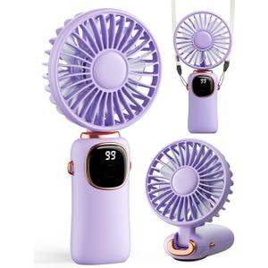 coldSky Portable Handheld Fan, 4000mAh Battery Operated 3 in 1 Multifunction Personal Travel Fans with Digital Display, 90 Foldable Desk Fan with Base, 5 Speed Lash Fan for Makeup/Commute/Office (Purple)