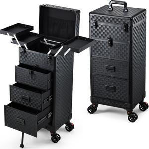 Stagiant Rolling Makeup Case with Drawers Cosmetology Case on Wheels 4 IN 1 Makeup Case 3 Drawers with Foot Stand Spring-release Mechanism Rolling Make Up Organizer for Artist Salon Nail Teach Trunk