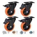 4" Caster Wheels, Casters Set of 4 Heavy Duty - Orange Polyurethane Castors, Top Plate Swivel Wheels, 4-Pack Industrial Casters with Brake, Locking Caster for Furniture and Workbench