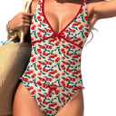 ZAFUL Women's Tankini Swimsuits V Neck Tummy Control Bow Color Block Two Piece Swimsuit Bathing Suit (XX-Large, 1-cherry)