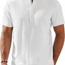 COOFANDY Men's Henley Shirt Short Sleeve Stand Collar Summer Casual Beach Hippie T-Shirts (White, XL)