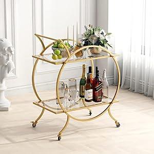 LORMITER Gold Bar Carts for The Home Bar Serving Cart, Rolling Bar Cart Gold with Lockable Caster Wheels, Glass Bar Carts with 2 Mirrored Shelves, Storage Round Wine Carts for Kitchen, Party