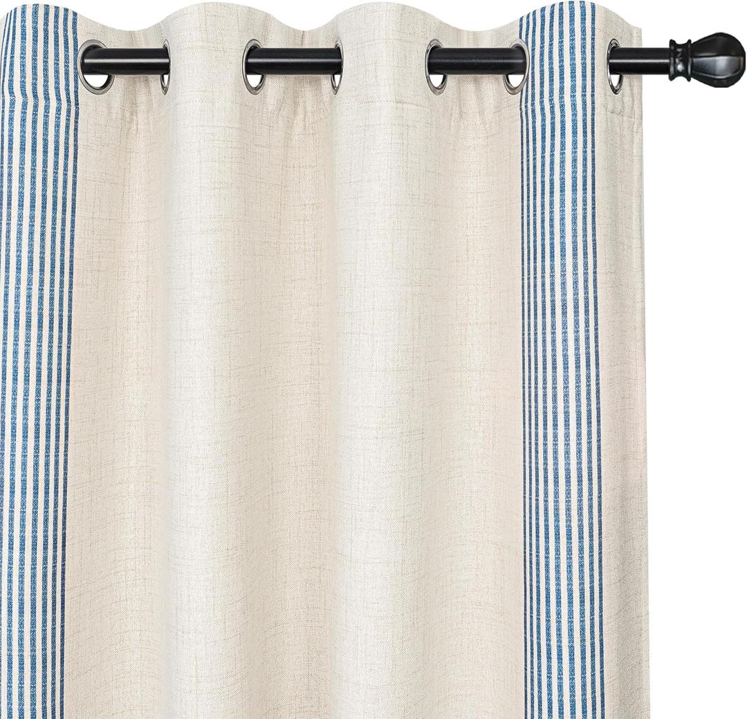 DriftAway Chris Linen Blackout Curtains with Thermal and Sound Reducing Layer 84 Inches Long for Bedroom Striped Printed Drapes Thermal Insulated Lined Window Treatments for Living Room Cabana Navy (52"W x 84"L (Pack of 2))