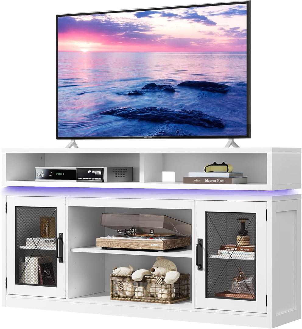 WLIVE TV Stand up to 65 Inch TV, 59" Entertainment Center with LED, Tall Farmhouse TV Media Console with Storage Cabinets for Living Room and Bedroom, White