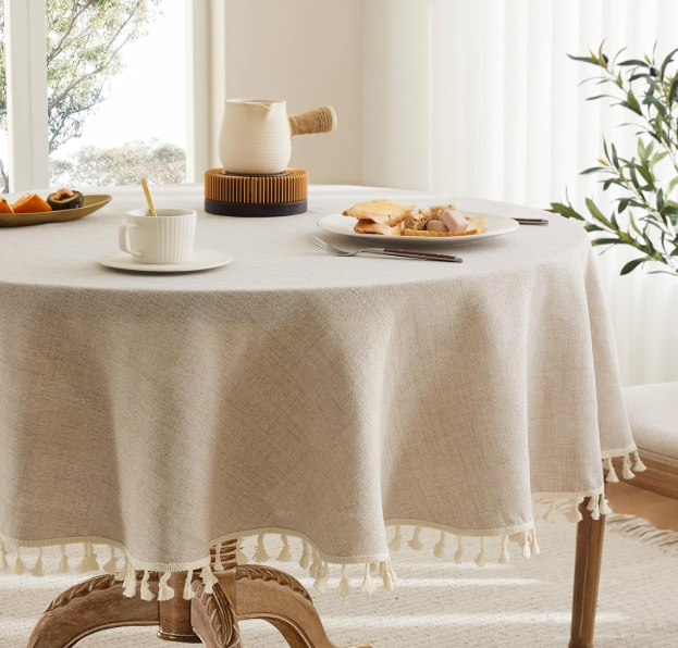 Linen Tablecloth with Tassels, Farmhouse Style Brown Tablecloth, Water Resistant Burlap Tablecloths for Round Table, 52 Inch Round, Tassel/Natural