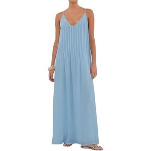 ABINGOO Women Summer Spaghetti Strap Maxi Dresses Sleeveless V Neck Pleated Backless Flowy Loose Beach Vacation Long Sundress Small