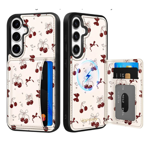 for Samsung Galaxy S25Plus/S24Plus Case with Wallet - Fits 4 Card Slots, Compatible with MagSafe for Women Leather Credit Card Holder Kickstand Cover for Samsung S25Plus/S24Plus, Bow Cherry