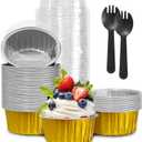 Graduation Party 50Pcs Mini Aluminum Foil Cupcake,5oz Baking Cups with Lids,Mini Cake Pans Disposable,Loaf Pans with Lids,Disposable Ramekins,Tin Cups Containers for Cupcake,Pudding,Muffin (Gold)