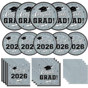 Graduation Party Plates and Napkins Gatherfun Graduation decorations 2026 Silver Disposable Paper Plates Luncheon Napkins Cocktail Napkins for Congrats Grad Party Decorations, Serve 50