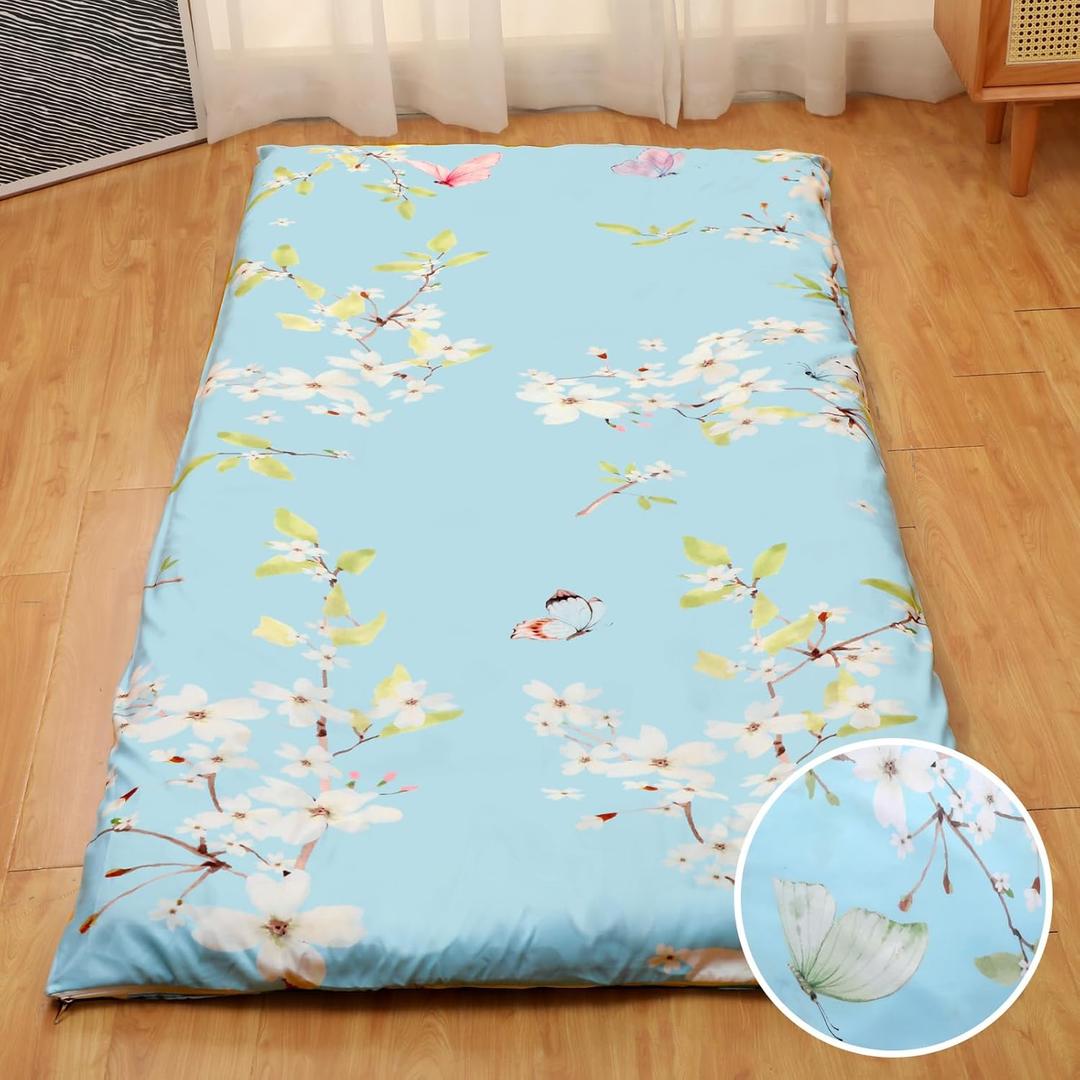 Preboun Futon Mattress Cover with Zipper 84 x 58/80 x 39 Japanese Floor Cushion Tatami Thai Korean Sleep Mats Protector Cover Washable Skin Friendly Without Futon(Flower,Twin Size,Blue)