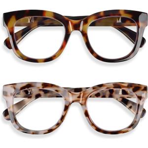 Areyeth 2 Pairs Oversized Retro Reading Glasses for Women, Oprah Style Large Blue Light Blocking Readers(1.50X) (Yellow Tortoise+gray Tortoise)