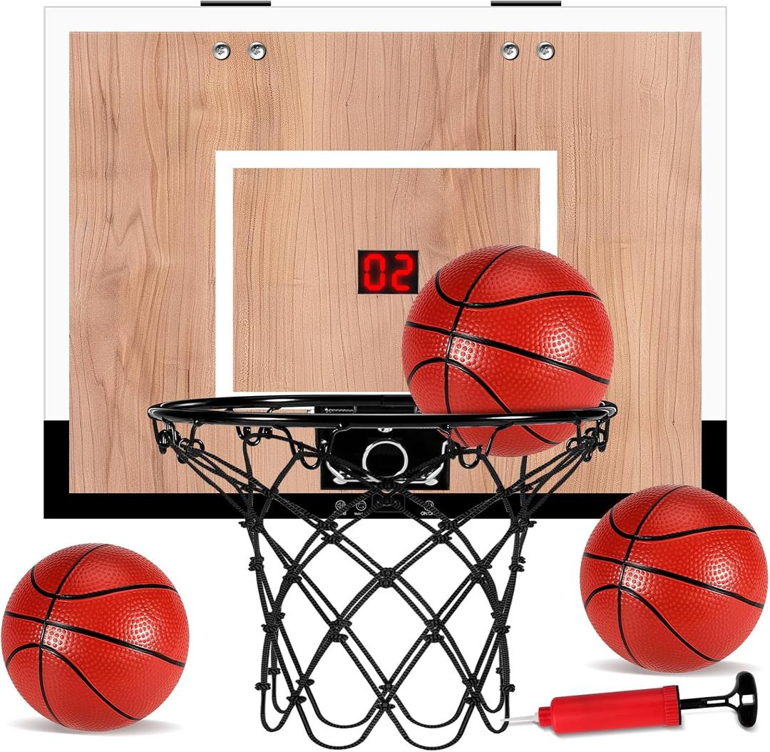 Indoor Basketball Hoop for Kids, Mini Basketball Hoops Over The Door and Wall Mount with Wooden Backboard, 3 Balls and Pump, Idea Toys Gifts for Kids and Adult