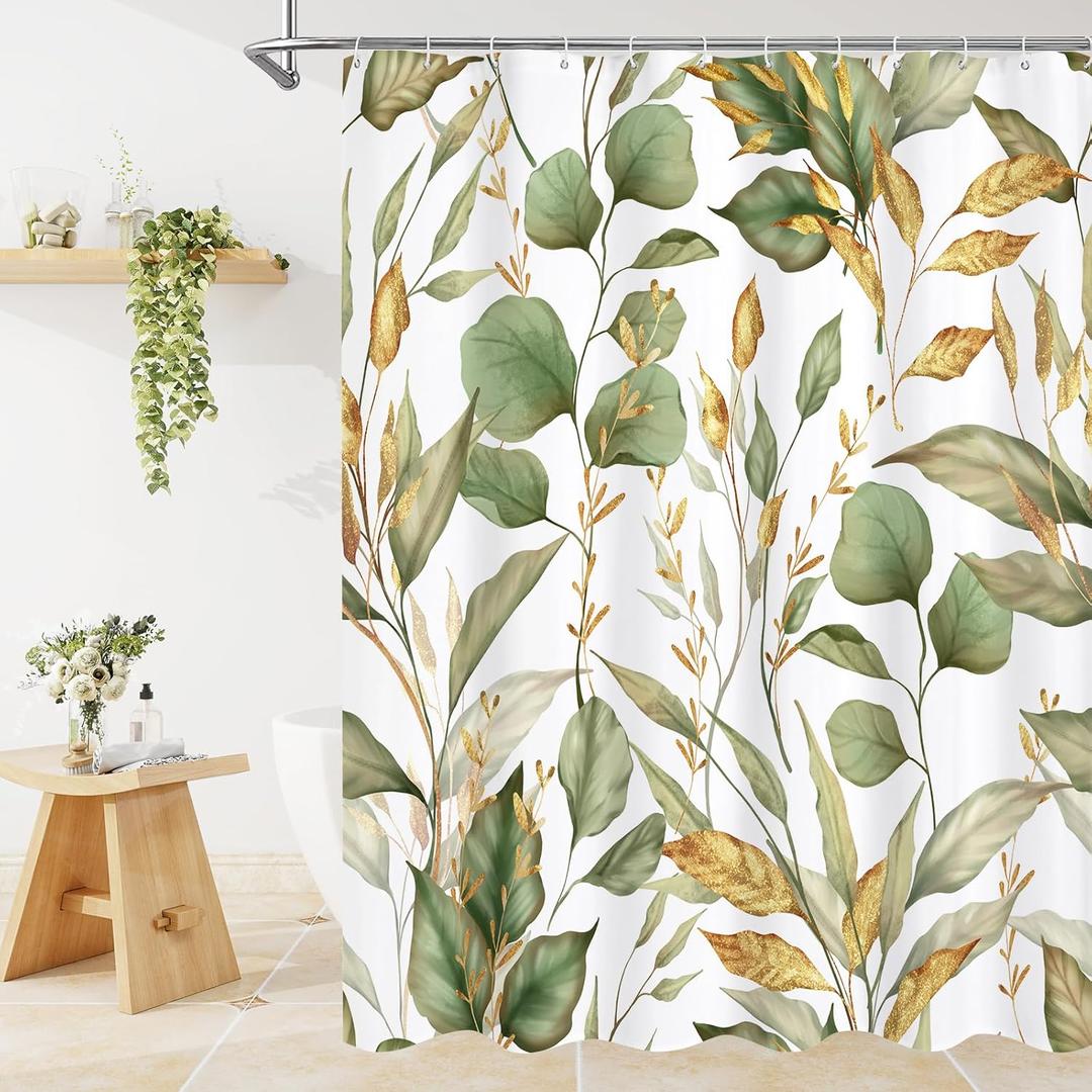 Green Gold Plant Shower Curtain, Botanical Leaves on White Background Natural Curtain Set for Aesthetic Bathroom Waterproof Odorless Fabric 72x72 inches, Hooks Included