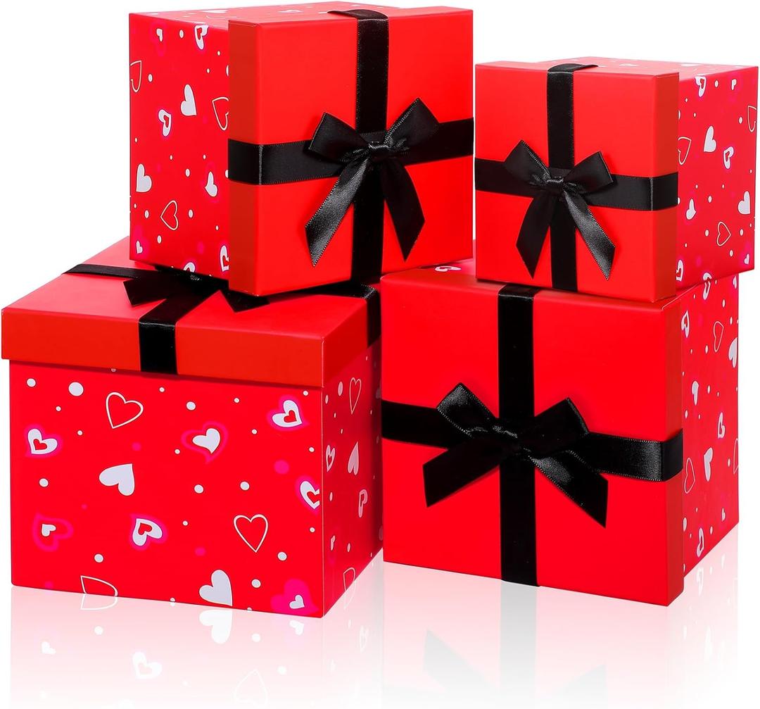 Epakh 4 Pcs Square Nesting Boxes Decorative Gift Boxes with Lids Black Red Hearts Assorted Sizes for Anniversary, Birthday, Wedding, Bridal Shower Party Gifts(Classic)