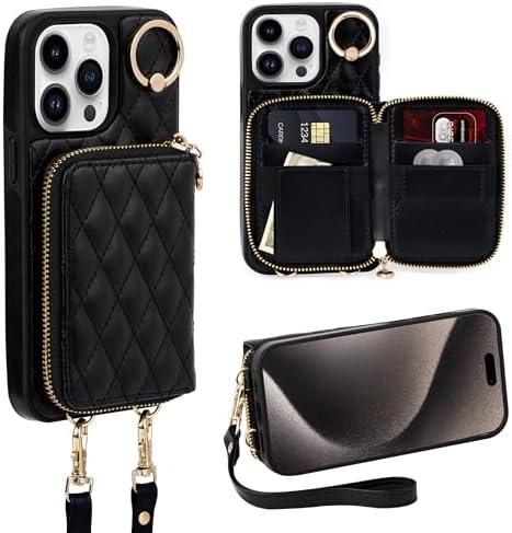 Keallce Case for iPhone 14 Pro Max 6.7'' Wallet Case, Crossbody Zipper Purse Handbag Wristlet for Women, RFID Blocking Card Holders, 360° Ring Kickstand Flip Leather Cover for iPhone 14 Pro Max, Black