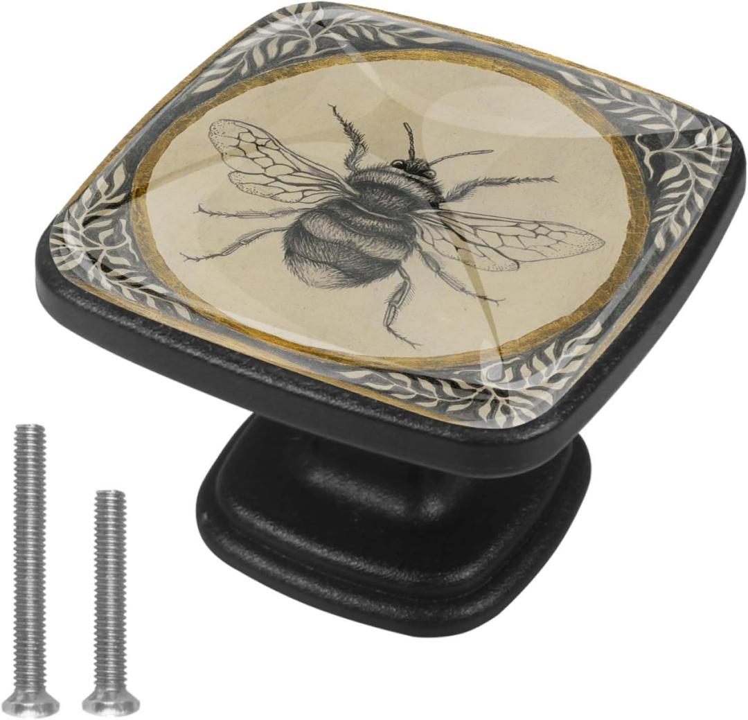 4 Pcs Square Cabinet Handle Cupboard Knob Drawer Pulls Handle Bee Drawer Knobs with Screws Furniture Decoration